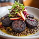 Black Pudding with Brothy Lentils, Chicory and Apple Salad