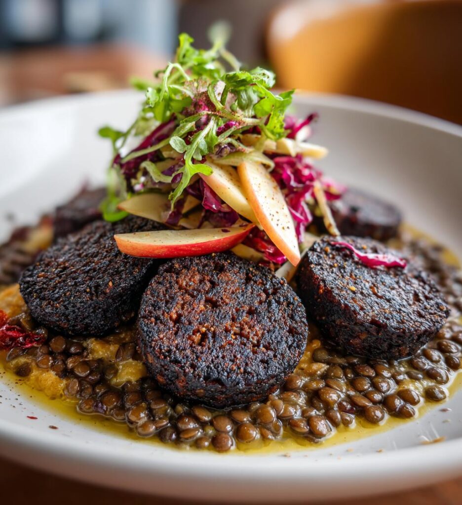 Black Pudding with Brothy Lentils, Chicory and Apple Salad