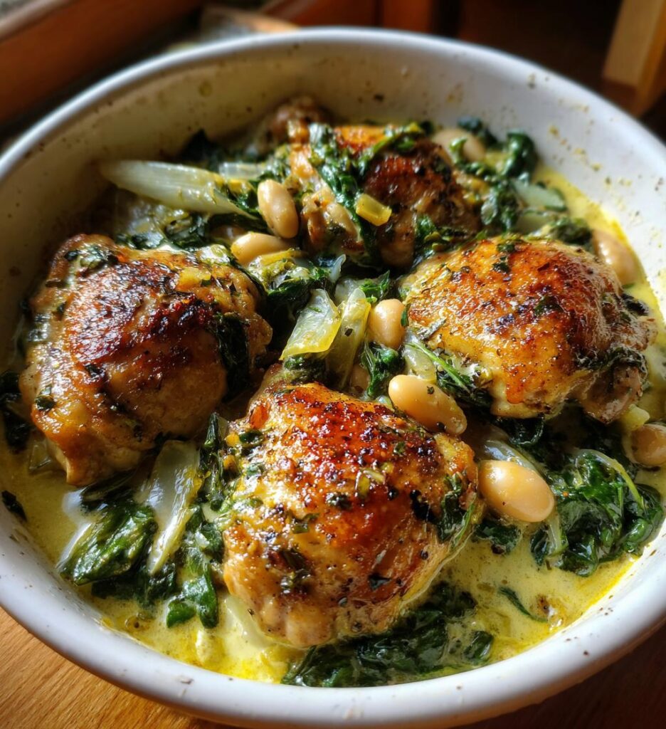 Chicken Thighs with Creamy Leeks, Beans & Spinach