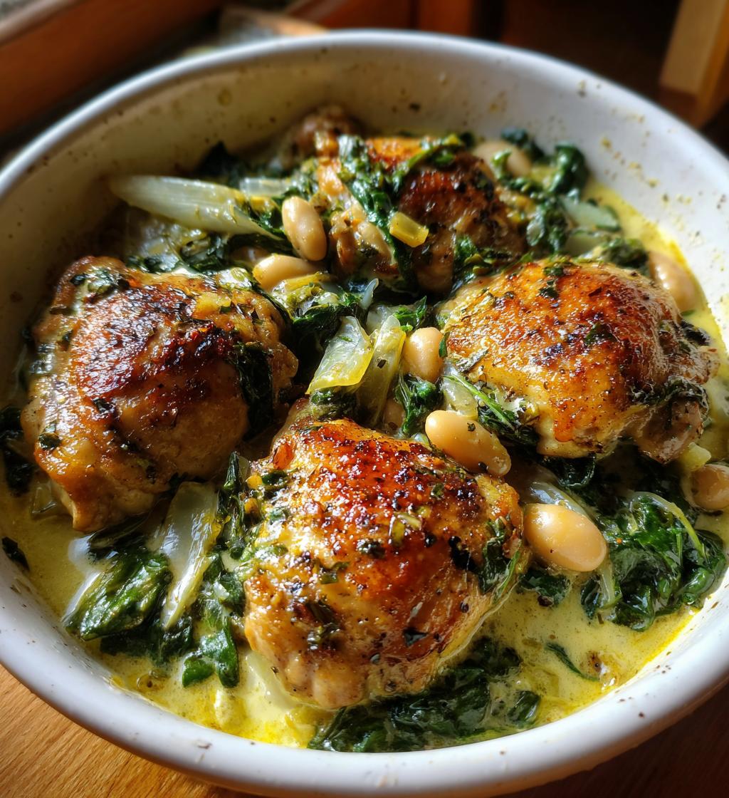 Chicken Thighs with Creamy Leeks, Beans & Spinach