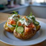 Jacket Potatoes with Crème Fraîche, Hot Smoked Trout & Quick Pickled Cucumbers