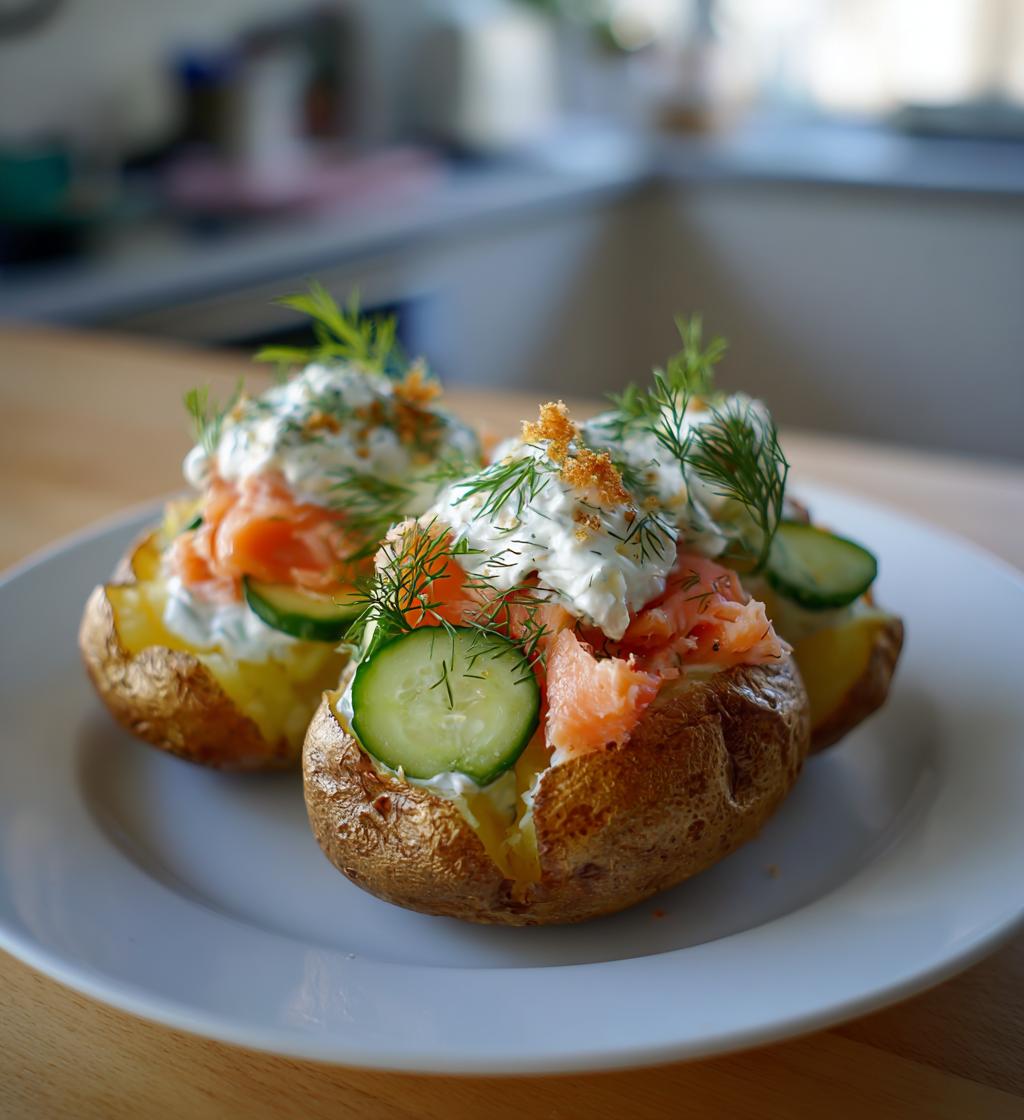 Jacket Potatoes with Crème Fraîche, Hot Smoked Trout & Quick Pickled Cucumbers