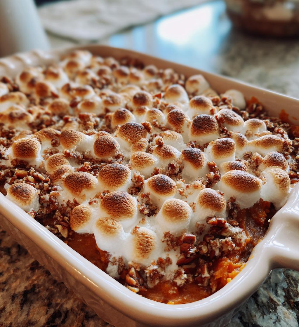 Sweet Potato Casserole with Marshmallows and Pecan Streusel