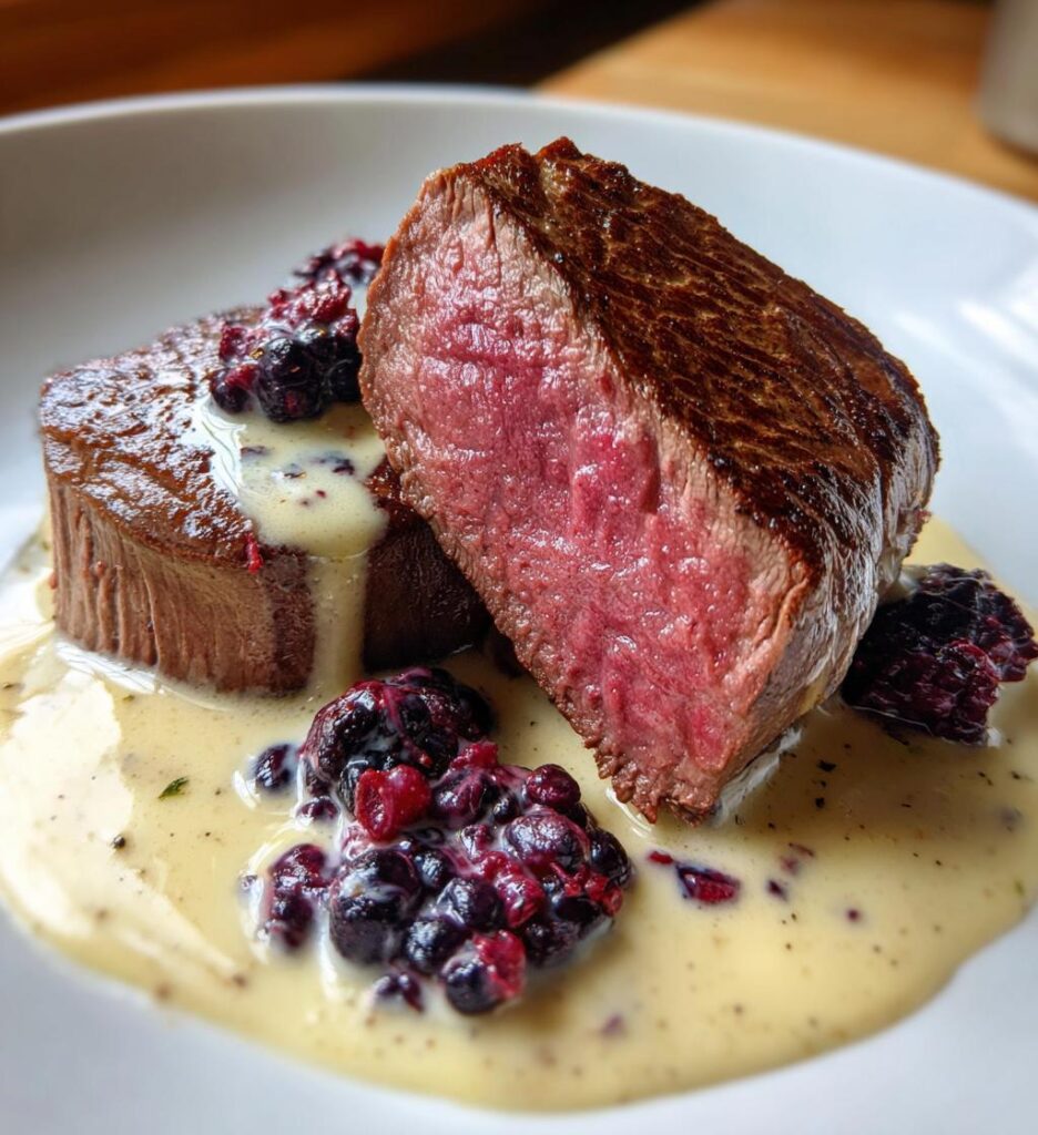 Venison Steaks with Creamy Celeriac & Blackberry Sauce